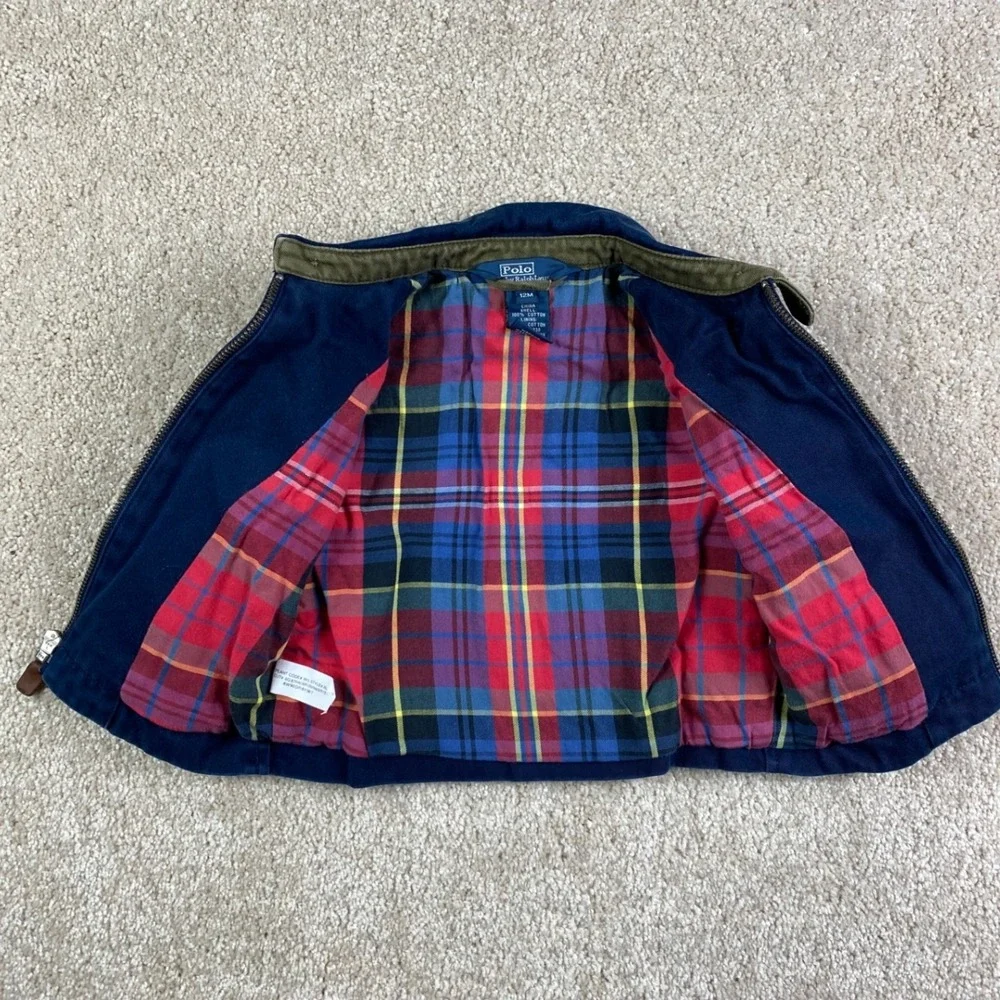 Polo Ralph Lauren Toddler Navy Blue Plaid Lined Harrington Jacket 12M Red Pony